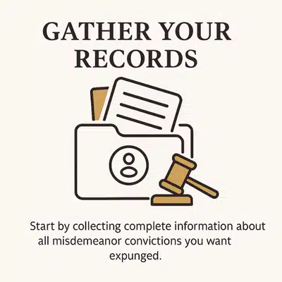 Graphic showing a folder and gavel encouraging people to collect documents for expungement Montana