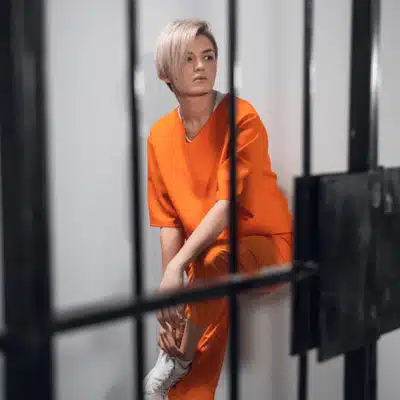 Woman in orange prison jumpsuit sitting behind jail bars, showing need for expungement Montana relief